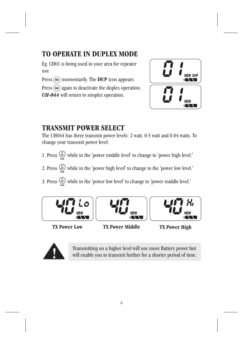 Transmit power select | Uniden UH044SX User Manual | Page 11 / 28