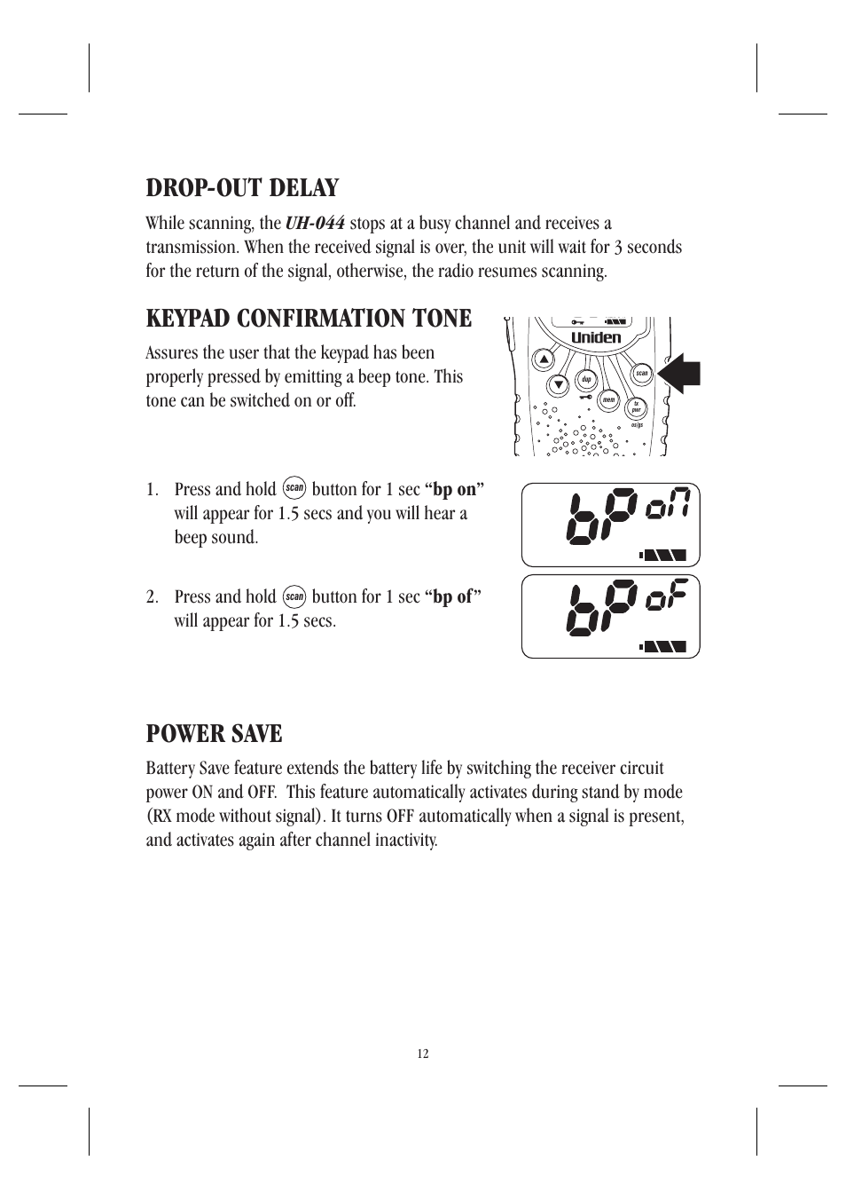 Drop-out delay, Power save, Keypad confirmation tone | Uniden UH044SX User Manual | Page 15 / 28