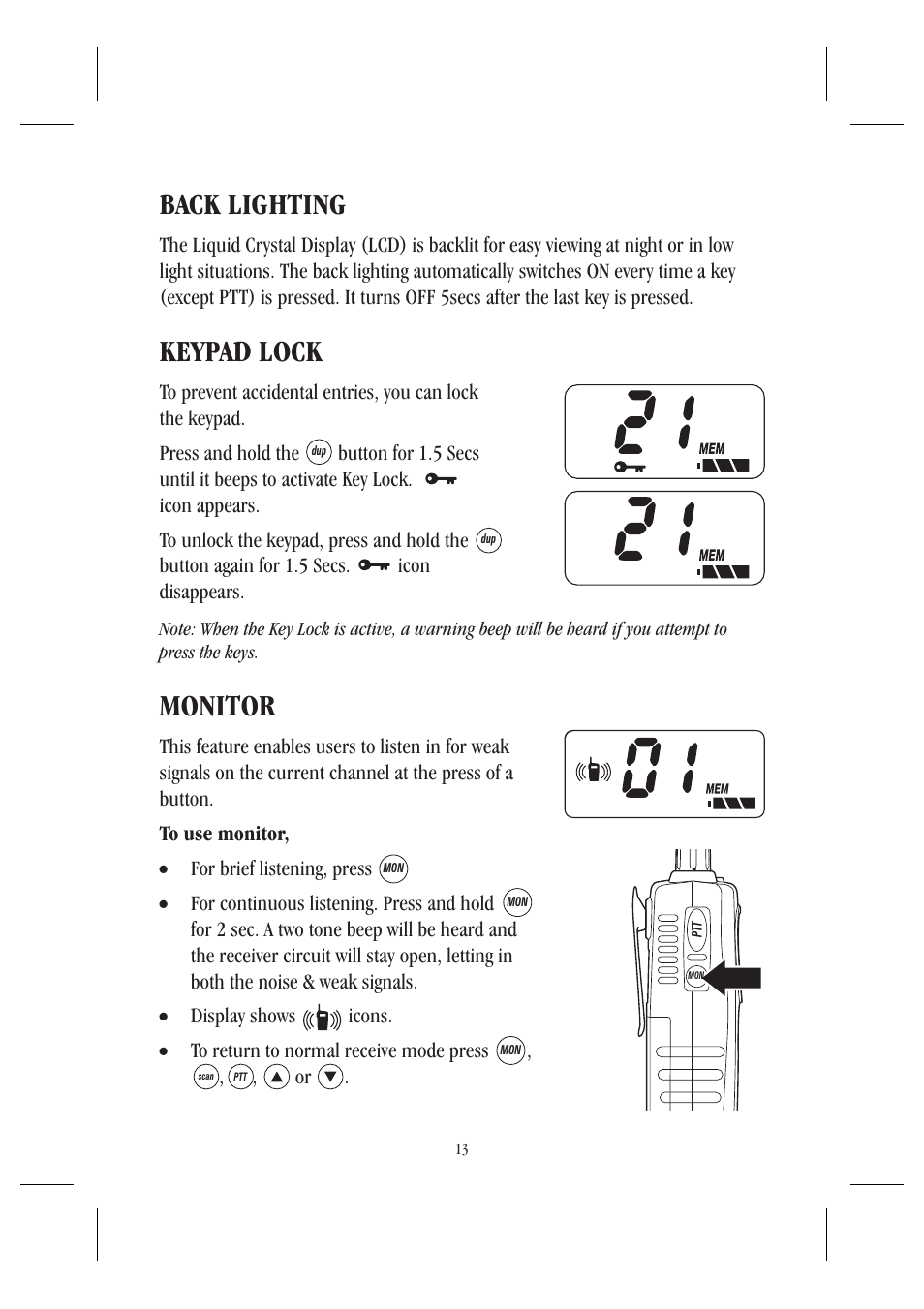 Back lighting, Monitor, Keypad lock | Uniden UH044SX User Manual | Page 16 / 28