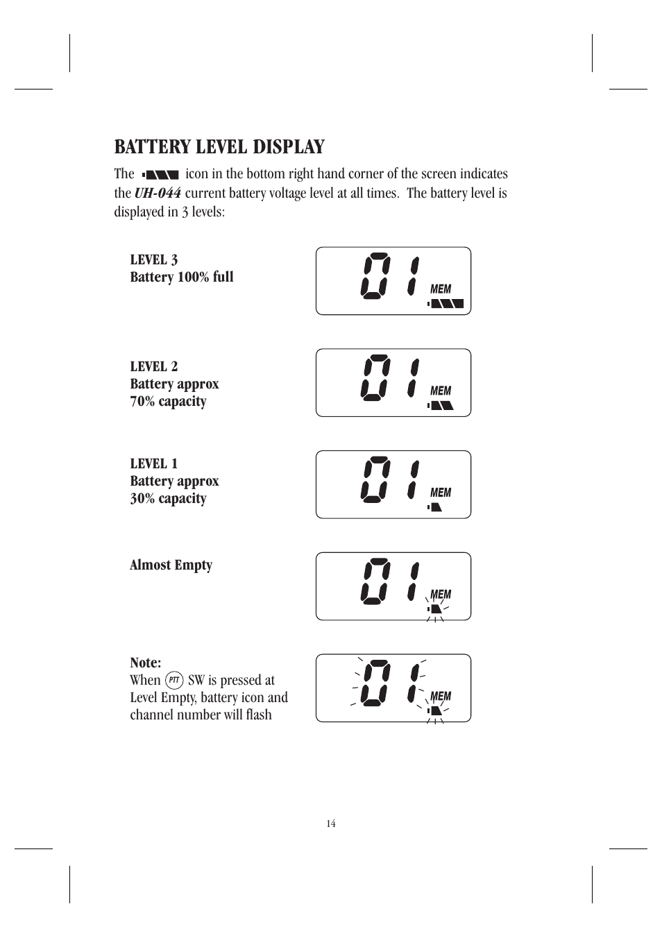 Battery level display | Uniden UH044SX User Manual | Page 17 / 28