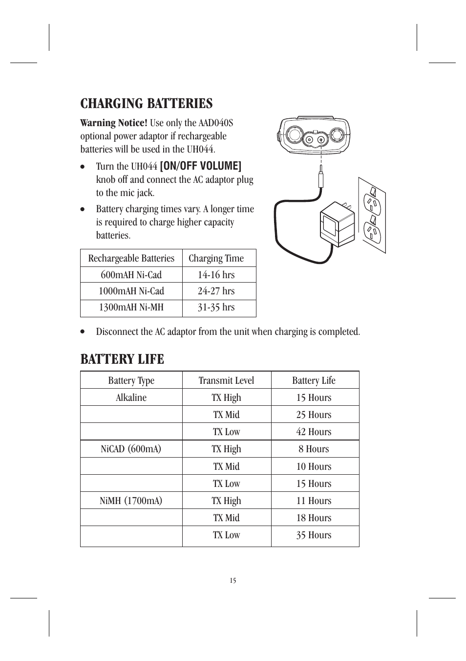 Charging batteries, Battery life | Uniden UH044SX User Manual | Page 18 / 28