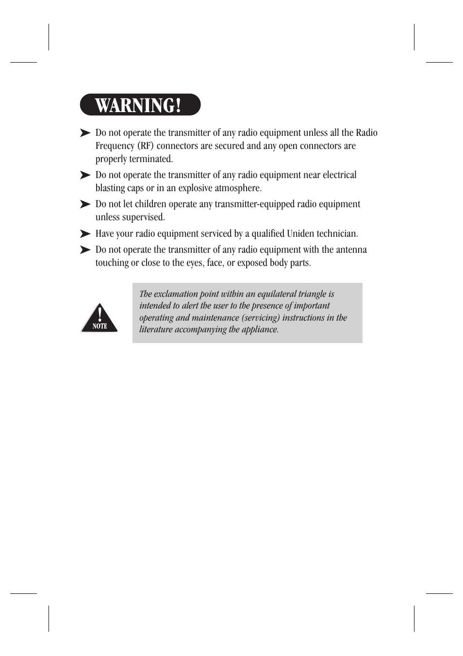 Warning | Uniden UH044SX User Manual | Page 2 / 28