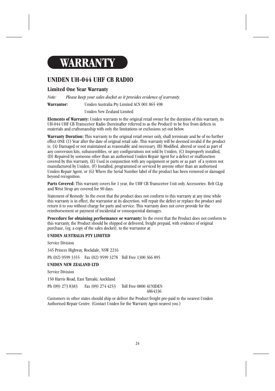 Warranty, Uniden uh-044 uhf cb radio | Uniden UH044SX User Manual | Page 27 / 28