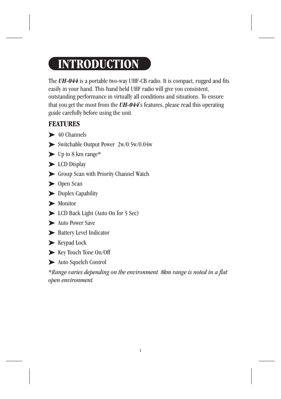 Introduction, Features | Uniden UH044SX User Manual | Page 4 / 28