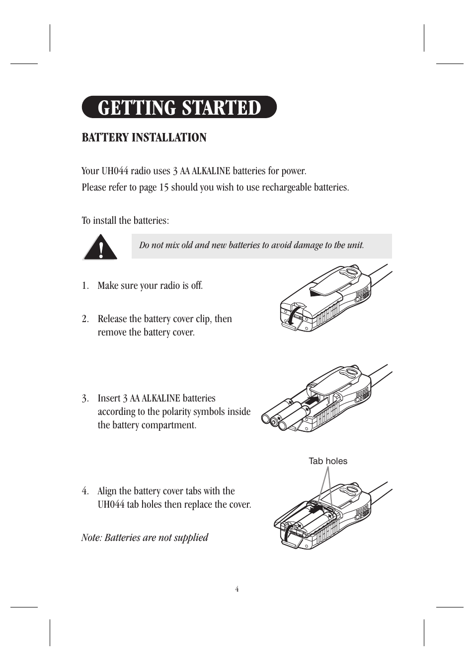Getting started, Battery installation | Uniden UH044SX User Manual | Page 7 / 28