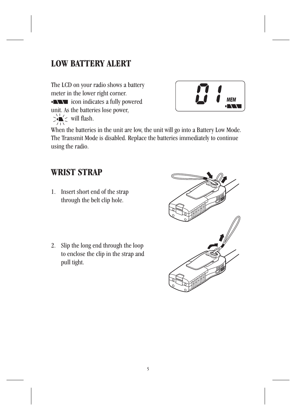 Low battery alert, Wrist strap | Uniden UH044SX User Manual | Page 8 / 28