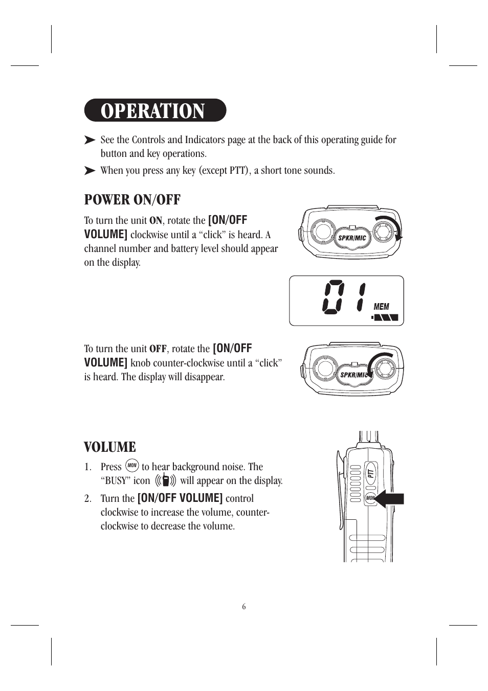 Operation, Power on/off volume | Uniden UH044SX User Manual | Page 9 / 28