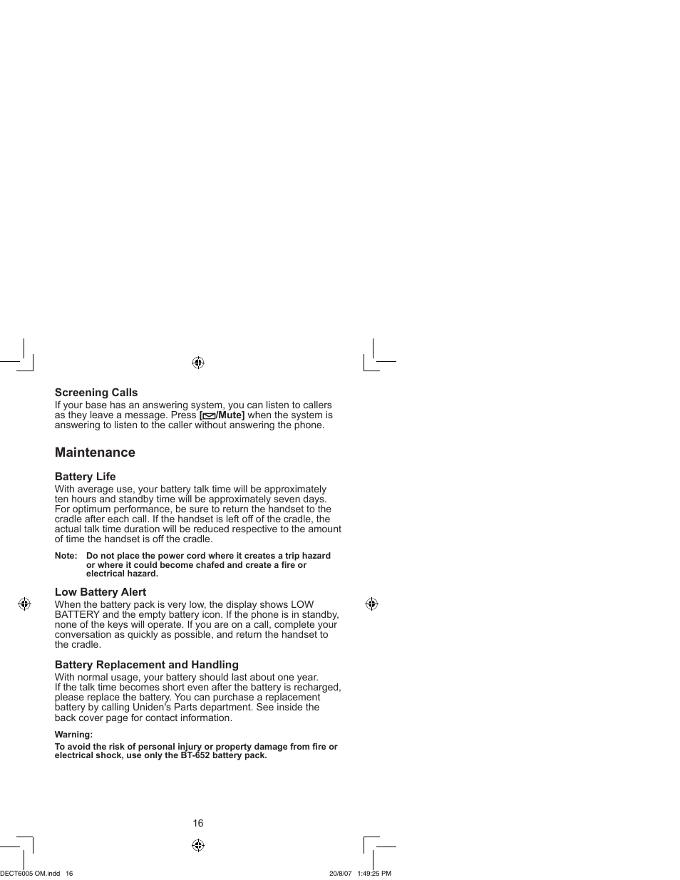Maintenance | Uniden DECT 6035 User Manual | Page 17 / 20