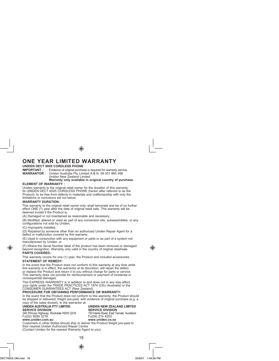 One year limited warranty | Uniden DECT 6035 User Manual | Page 19 / 20