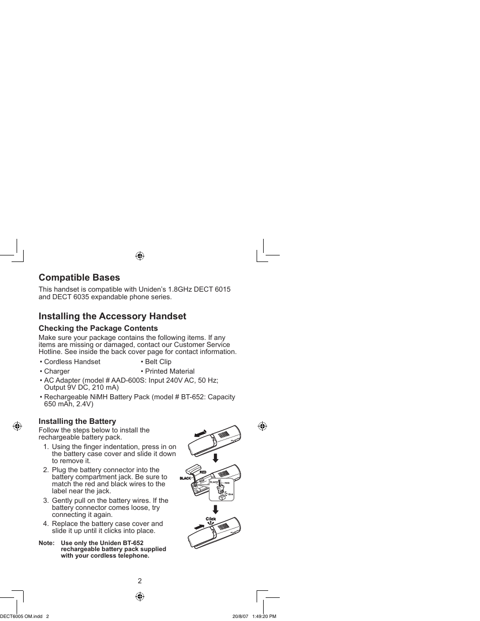 Compatible bases, Installing the accessory handset | Uniden DECT 6035 User Manual | Page 3 / 20