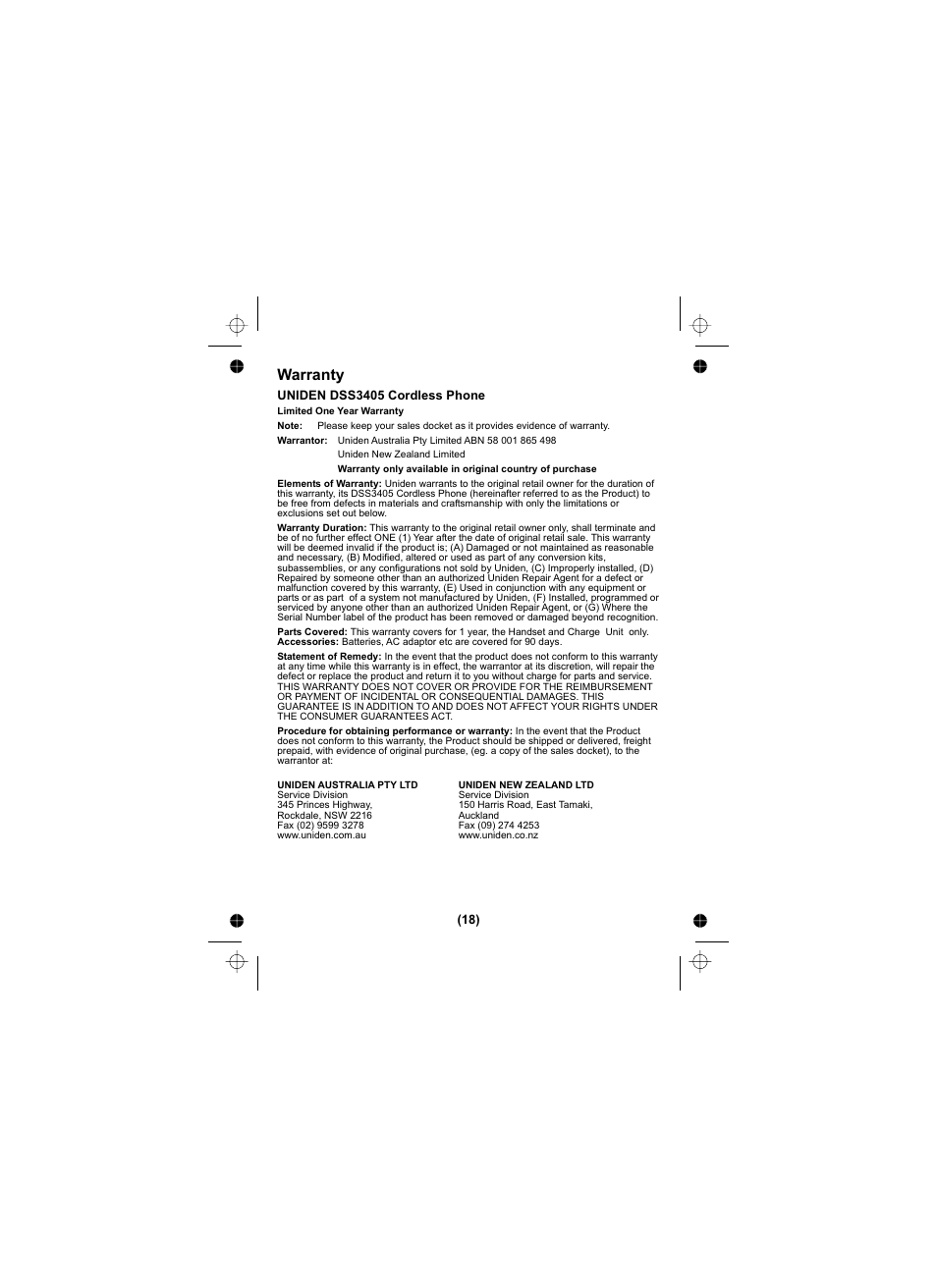 Warranty | Uniden DSS3405 User Manual | Page 19 / 20