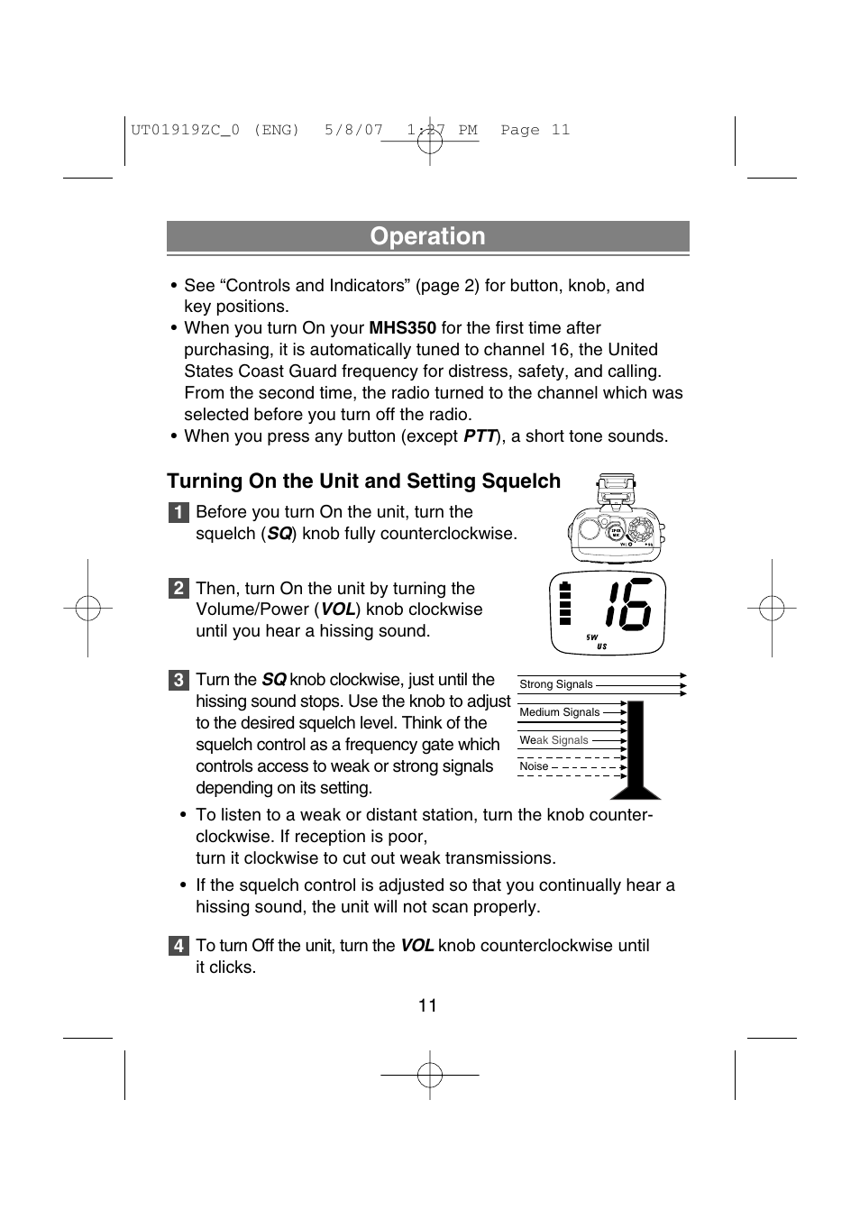 Operation, Turning on the unit and setting squelch | Uniden MHS350 User Manual | Page 13 / 36