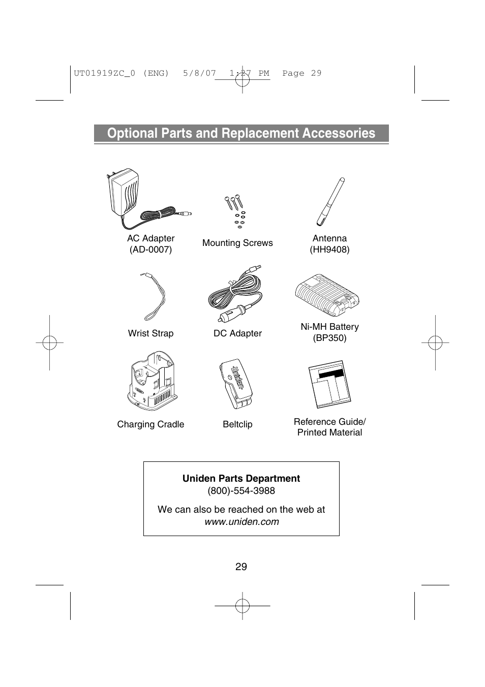 Optional parts and replacement accessories | Uniden MHS350 User Manual | Page 31 / 36