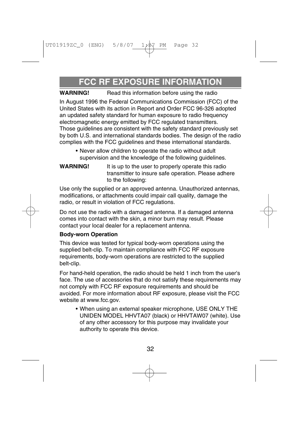 Fcc rf exposure information | Uniden MHS350 User Manual | Page 34 / 36