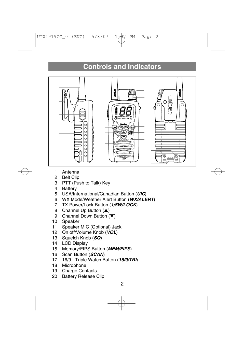 Controls and indicators | Uniden MHS350 User Manual | Page 4 / 36