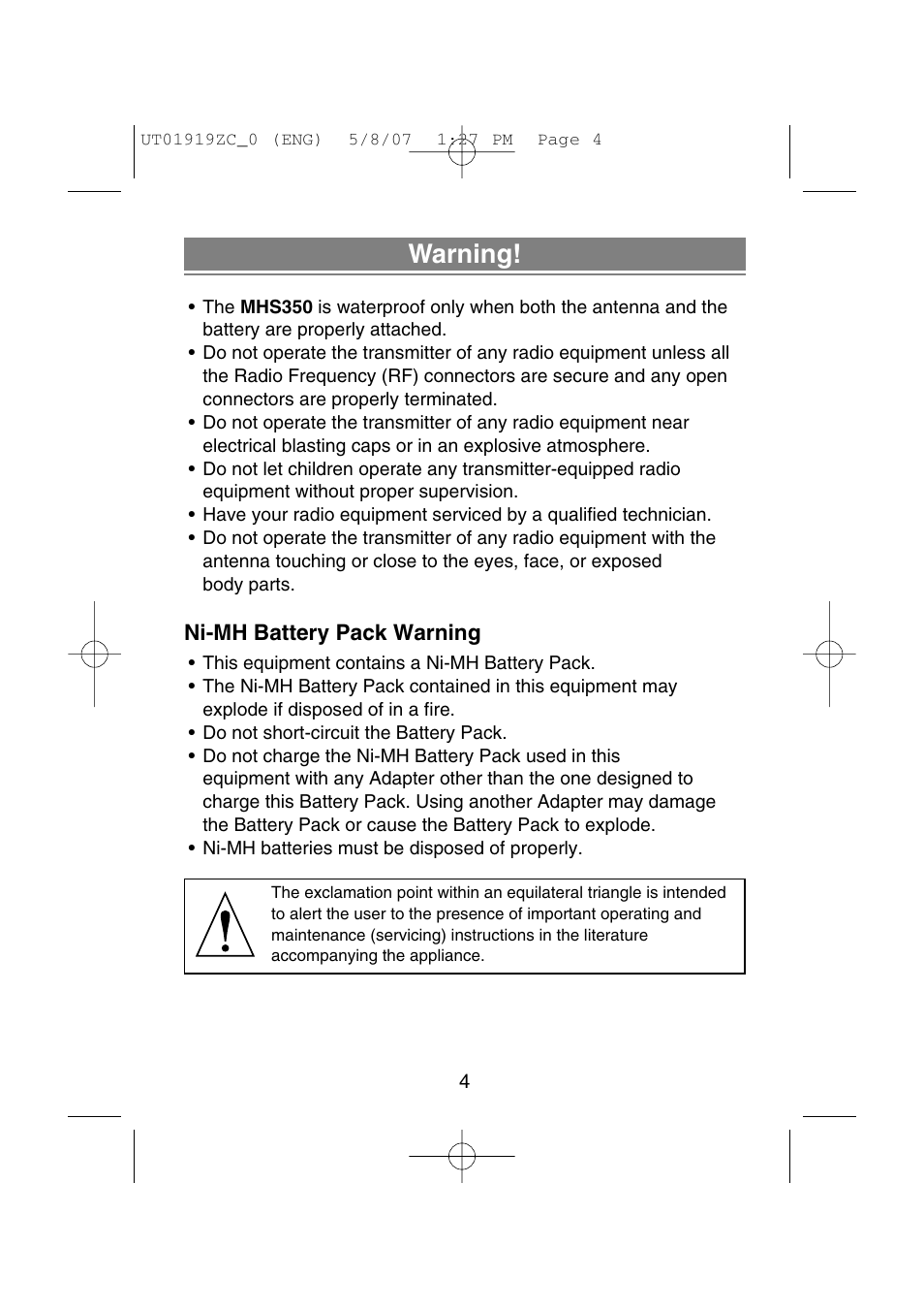 Warning | Uniden MHS350 User Manual | Page 6 / 36