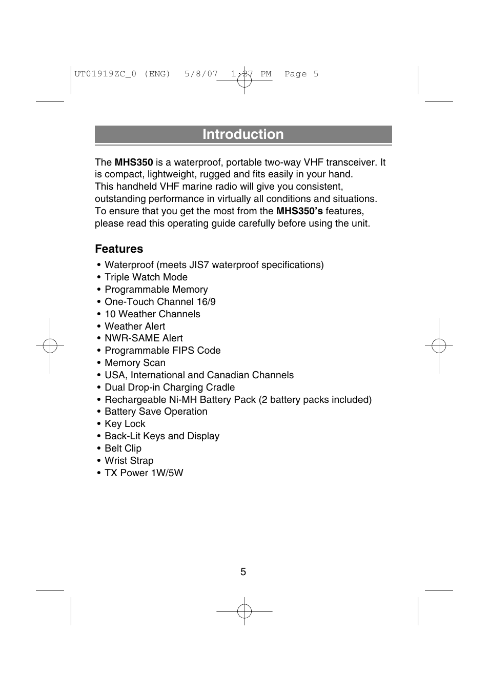 Introduction | Uniden MHS350 User Manual | Page 7 / 36
