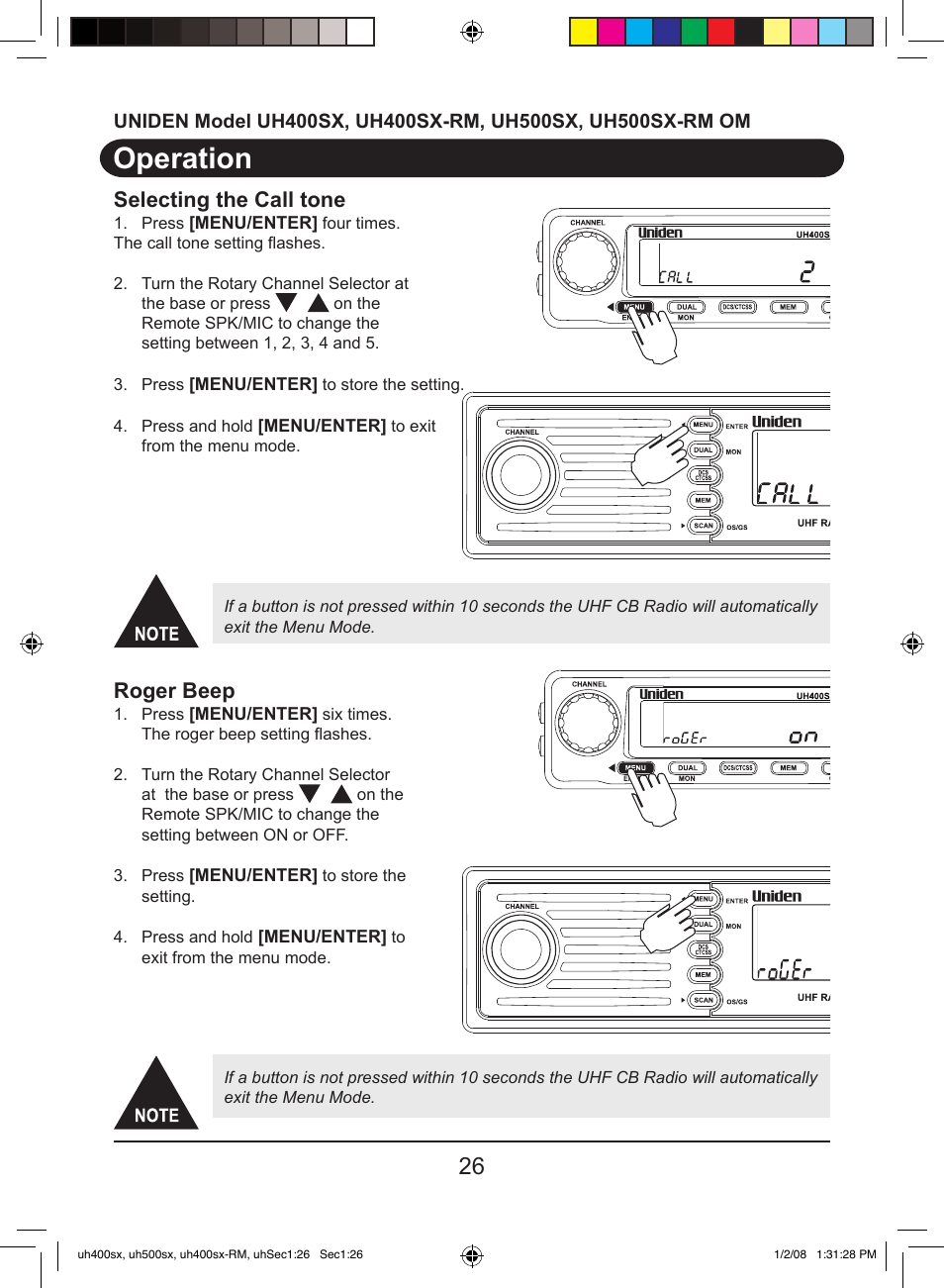 Operation, Selecting the call tone, Roger beep | Uniden UH400SX User Manual | Page 28 / 36