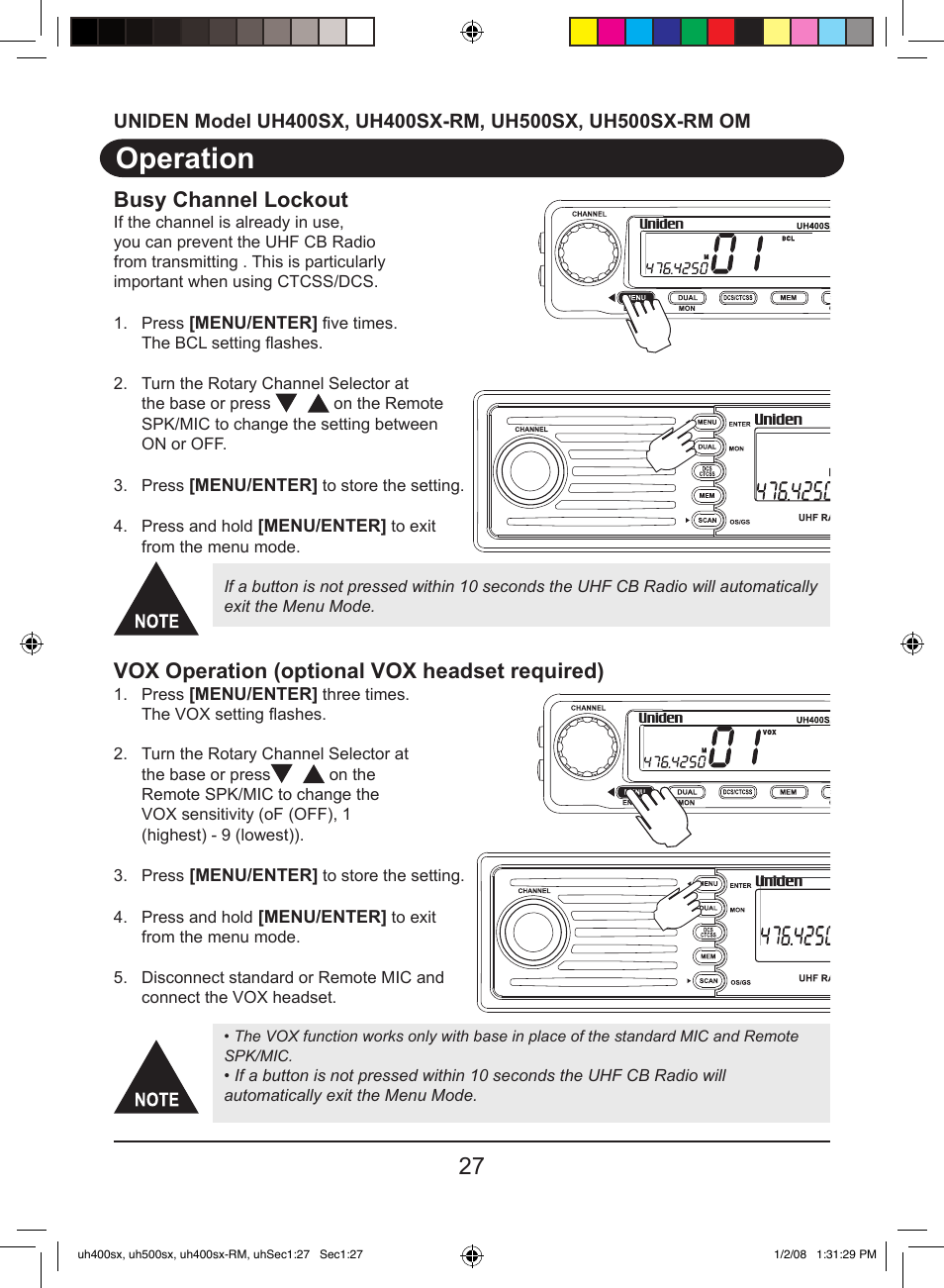 Operation, Busy channel lockout, Vox operation (optional vox headset required) | Uniden UH400SX User Manual | Page 29 / 36