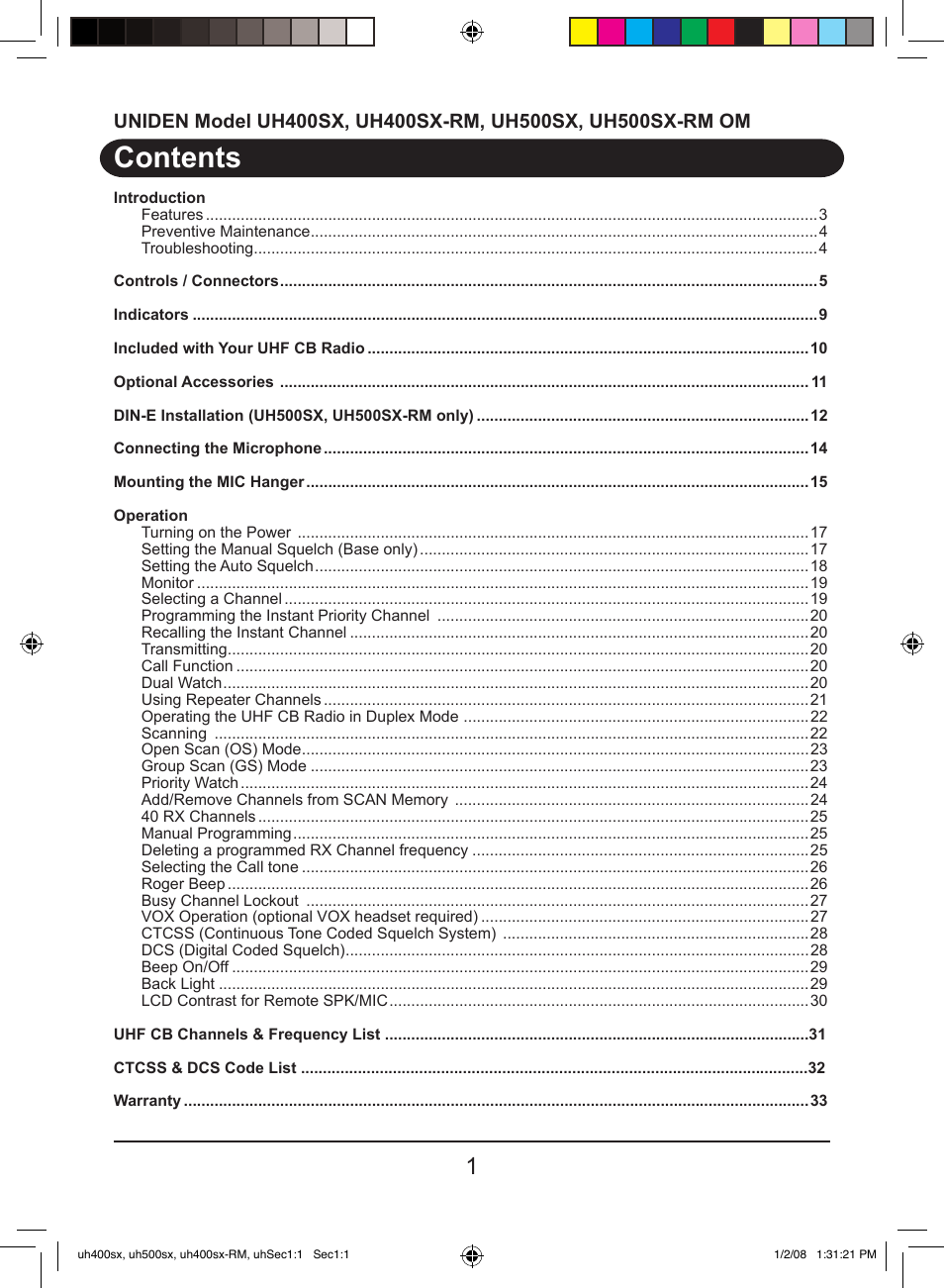 Uniden UH400SX User Manual | Page 3 / 36