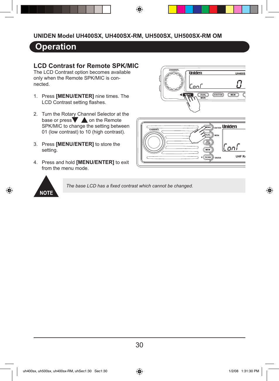 Operation, Lcd contrast for remote spk/mic | Uniden UH400SX User Manual | Page 32 / 36