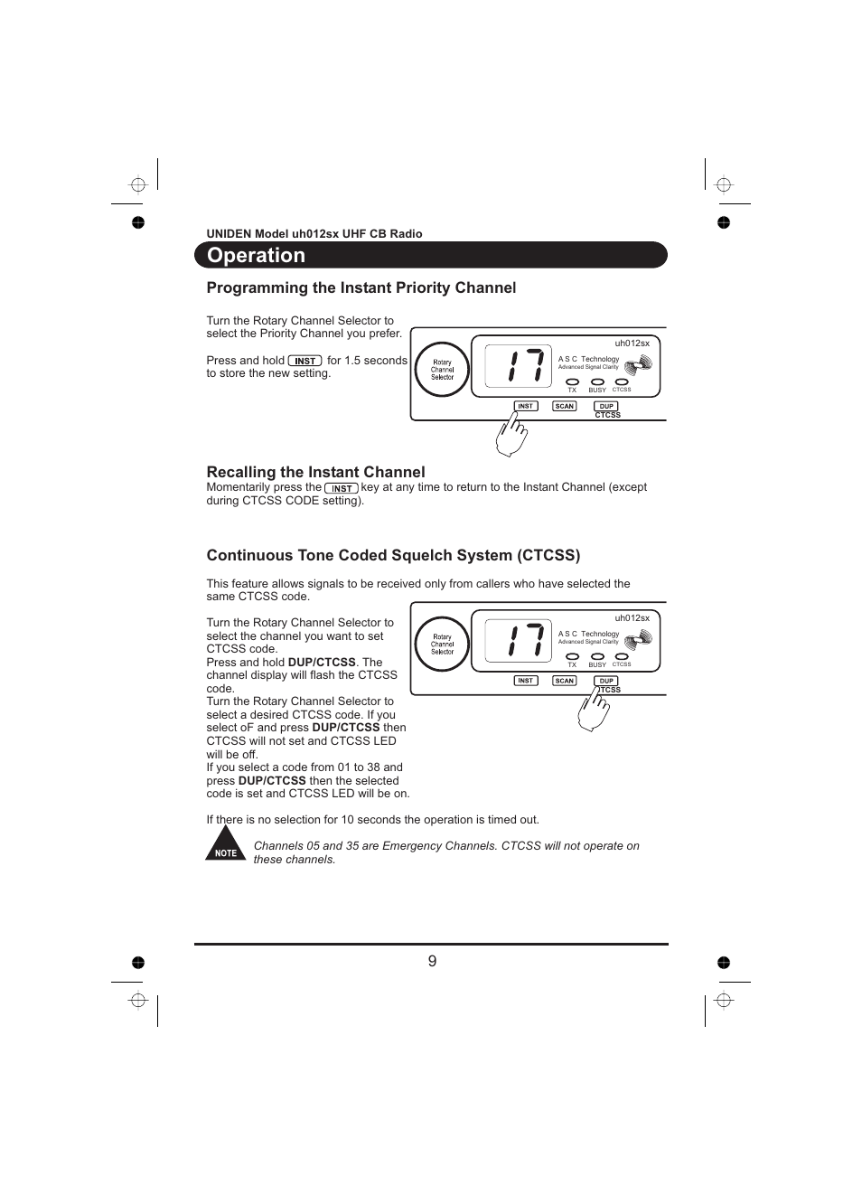 Operation, Continuous tone coded squelch system (ctcss) | Uniden uh012sx User Manual | Page 10 / 28
