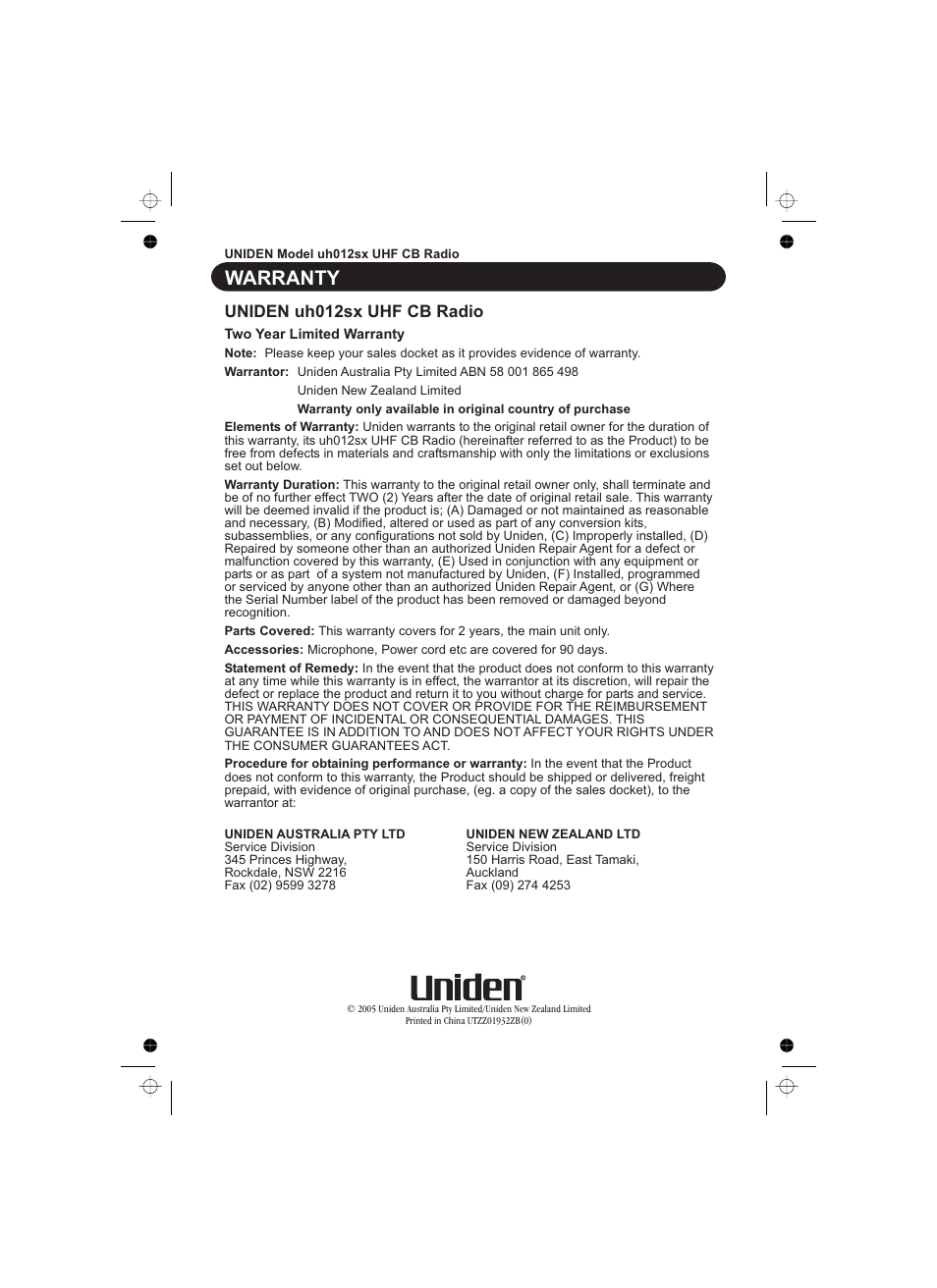 Warranty, Uniden uh012sx uhf cb radio | Uniden uh012sx User Manual | Page 12 / 28