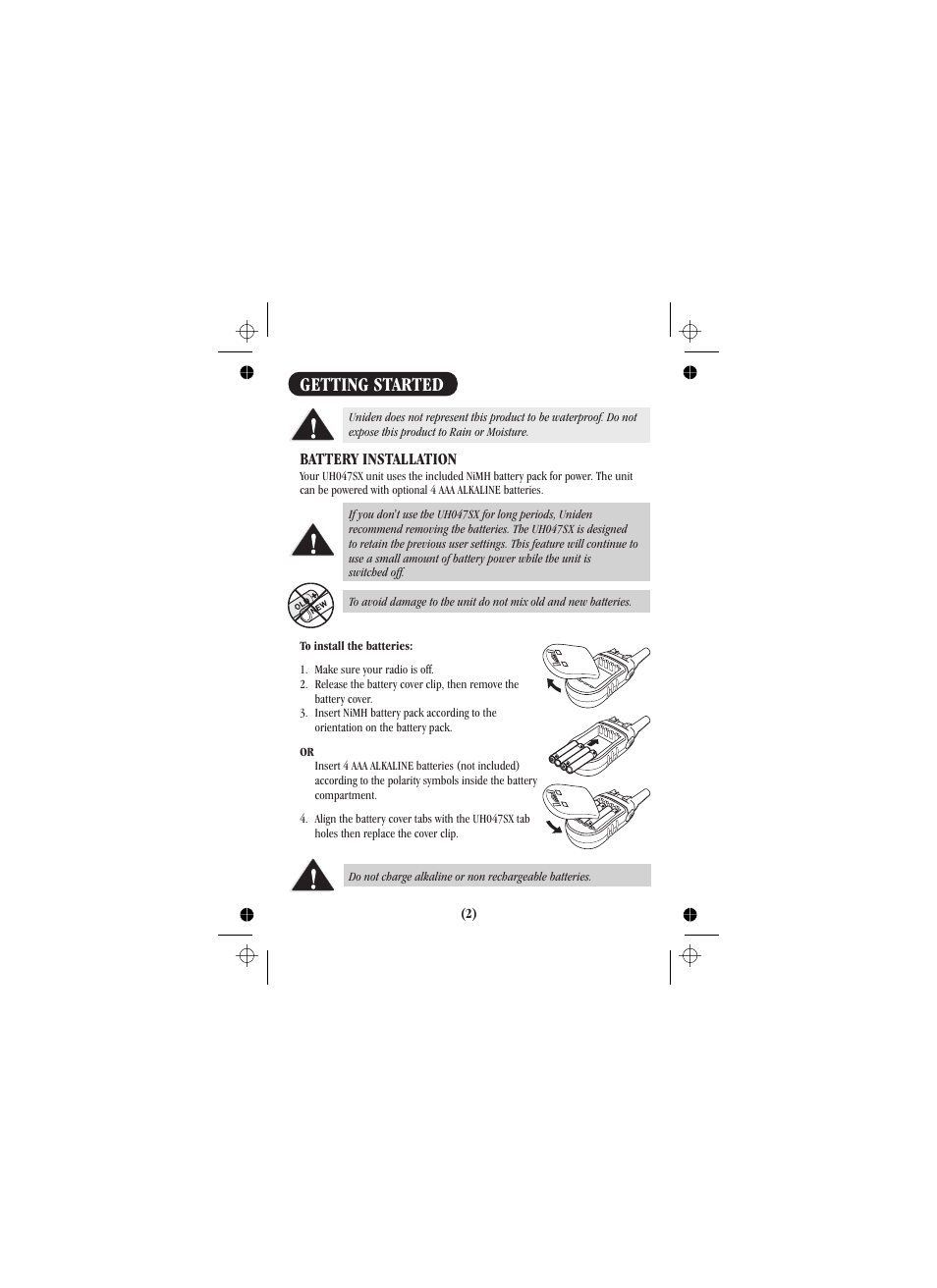 Getting started, Battery installation | Uniden uh012sx User Manual | Page 15 / 28