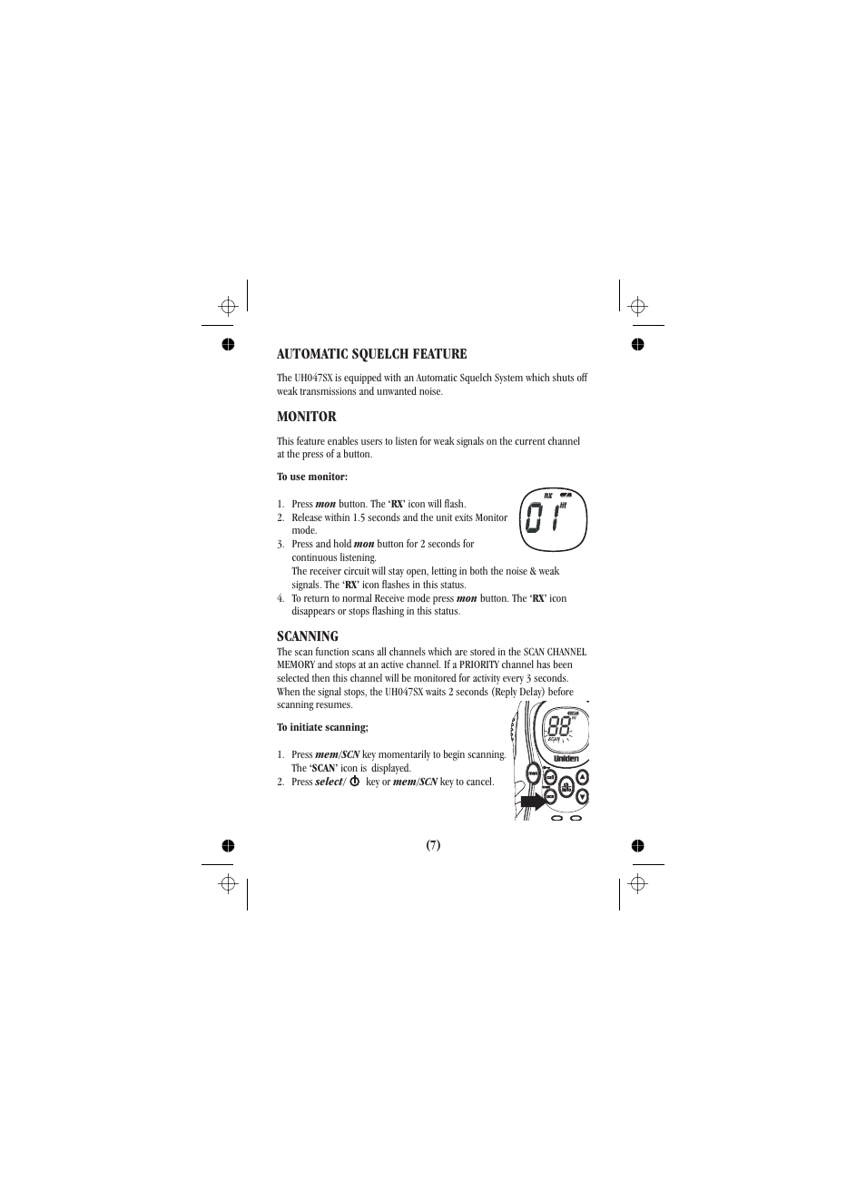 Automatic squelch feature monitor, Scanning | Uniden uh012sx User Manual | Page 20 / 28