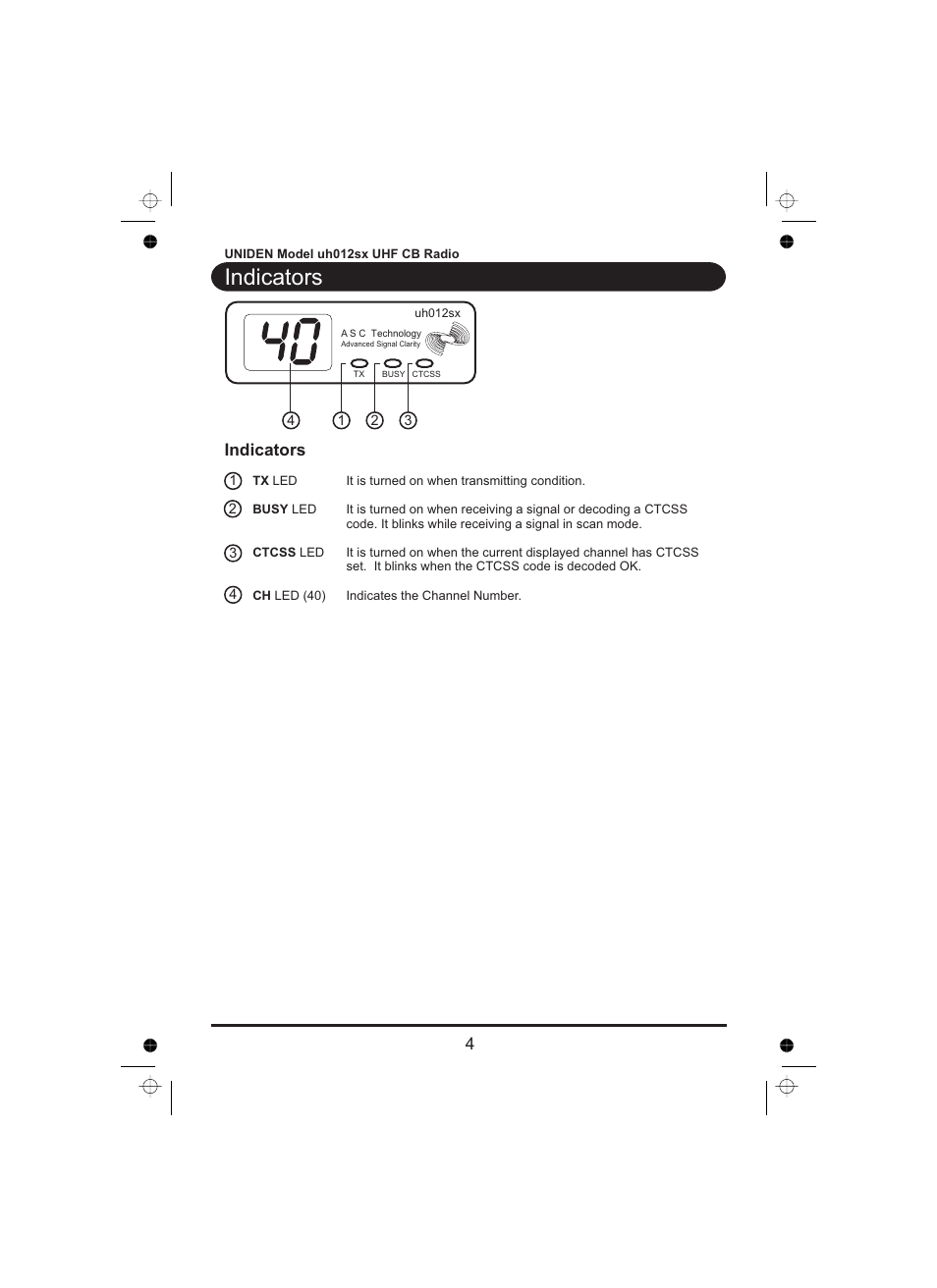 Indicators | Uniden uh012sx User Manual | Page 5 / 28