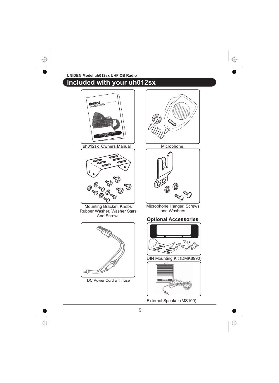 Included with your uh012sx, 5optional accessories | Uniden uh012sx User Manual | Page 6 / 28