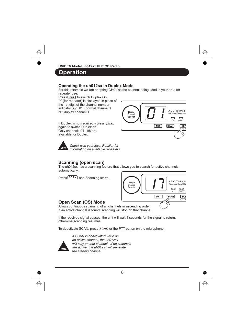 Operation, Scanning (open scan) open scan (os) mode | Uniden uh012sx User Manual | Page 9 / 28