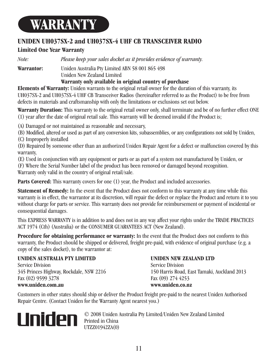 Warranty | Uniden UH037SX-2 User Manual | Page 12 / 12