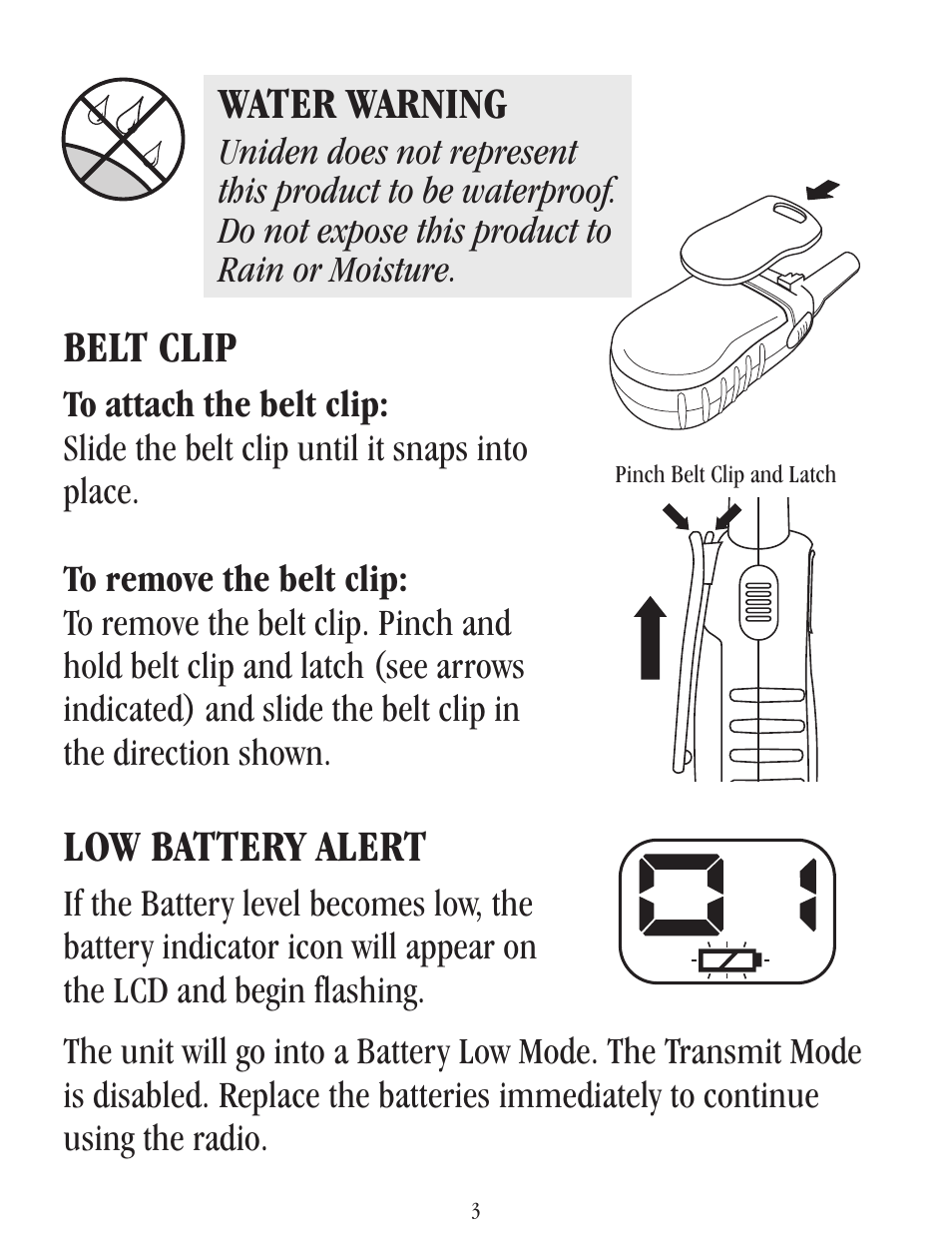 Low battery alert, Belt clip, Water warning | Uniden UH037SX-2 User Manual | Page 4 / 12