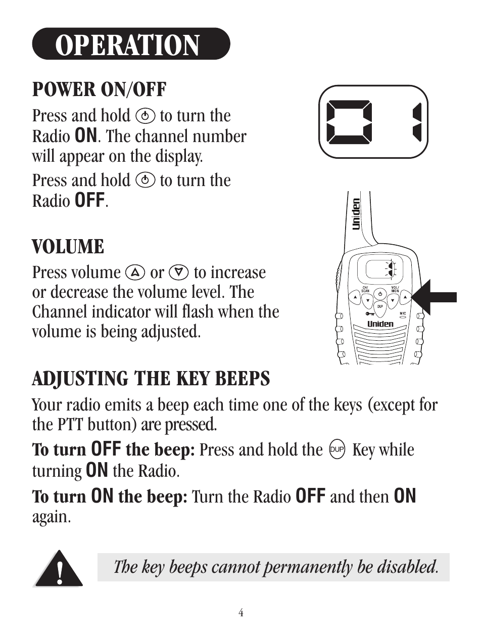 Operation, Power on/off, Adjusting the key beeps | Volume, Are pressed, The key beeps cannot permanently be disabled | Uniden UH037SX-2 User Manual | Page 5 / 12