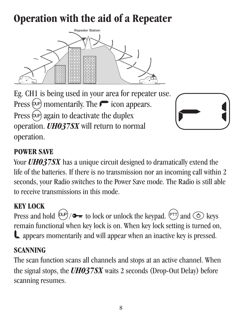 Operation with the aid of a repeater | Uniden UH037SX-2 User Manual | Page 9 / 12