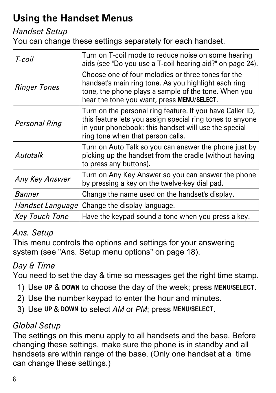 Using the handset menus | Uniden DECT2185 User Manual | Page 10 / 32