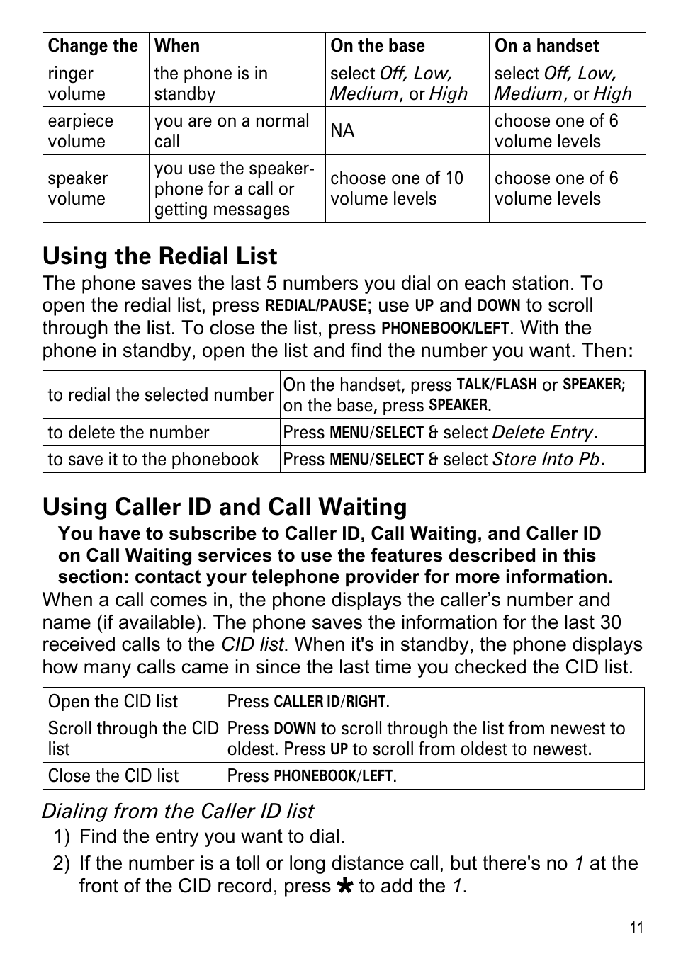 Using the redial list, Using caller id and call waiting | Uniden DECT2185 User Manual | Page 13 / 32