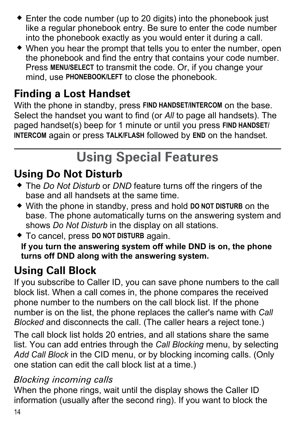 Finding a lost handset, Using special features, Using do not disturb | Using call block | Uniden DECT2185 User Manual | Page 16 / 32