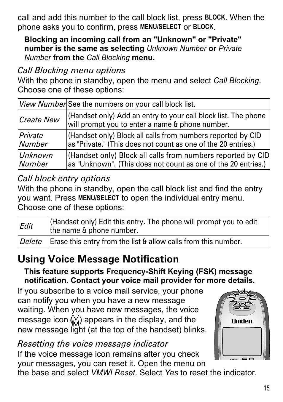 Using voice message notification 15, Using voice message notification | Uniden DECT2185 User Manual | Page 17 / 32