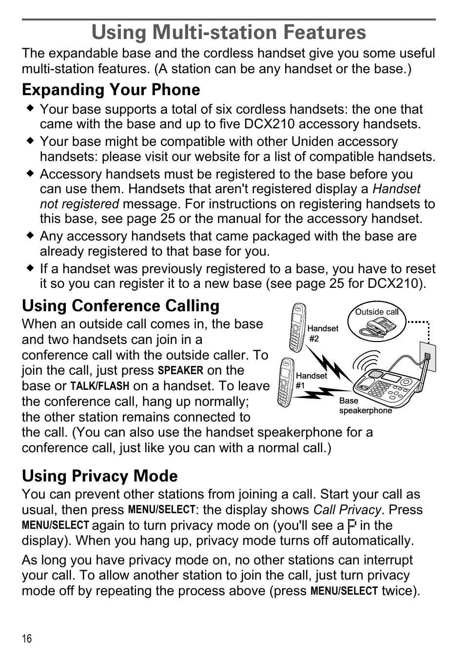 Using multi-station features, Expanding your phone, Using conference calling | Using privacy mode | Uniden DECT2185 User Manual | Page 18 / 32