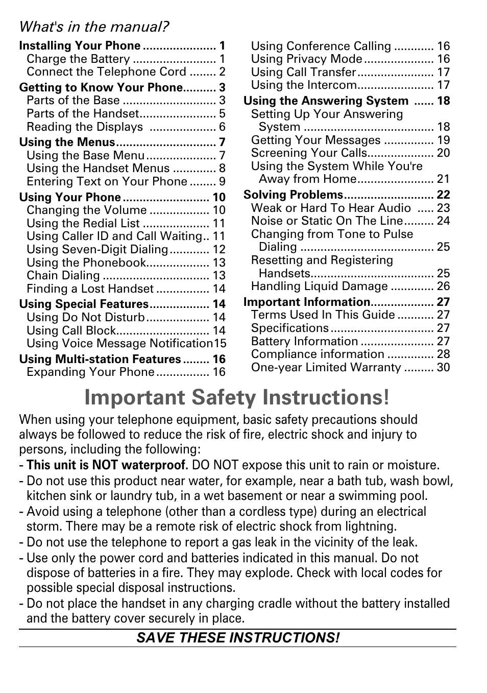 Important safety instructions, What's in the manual | Uniden DECT2185 User Manual | Page 2 / 32