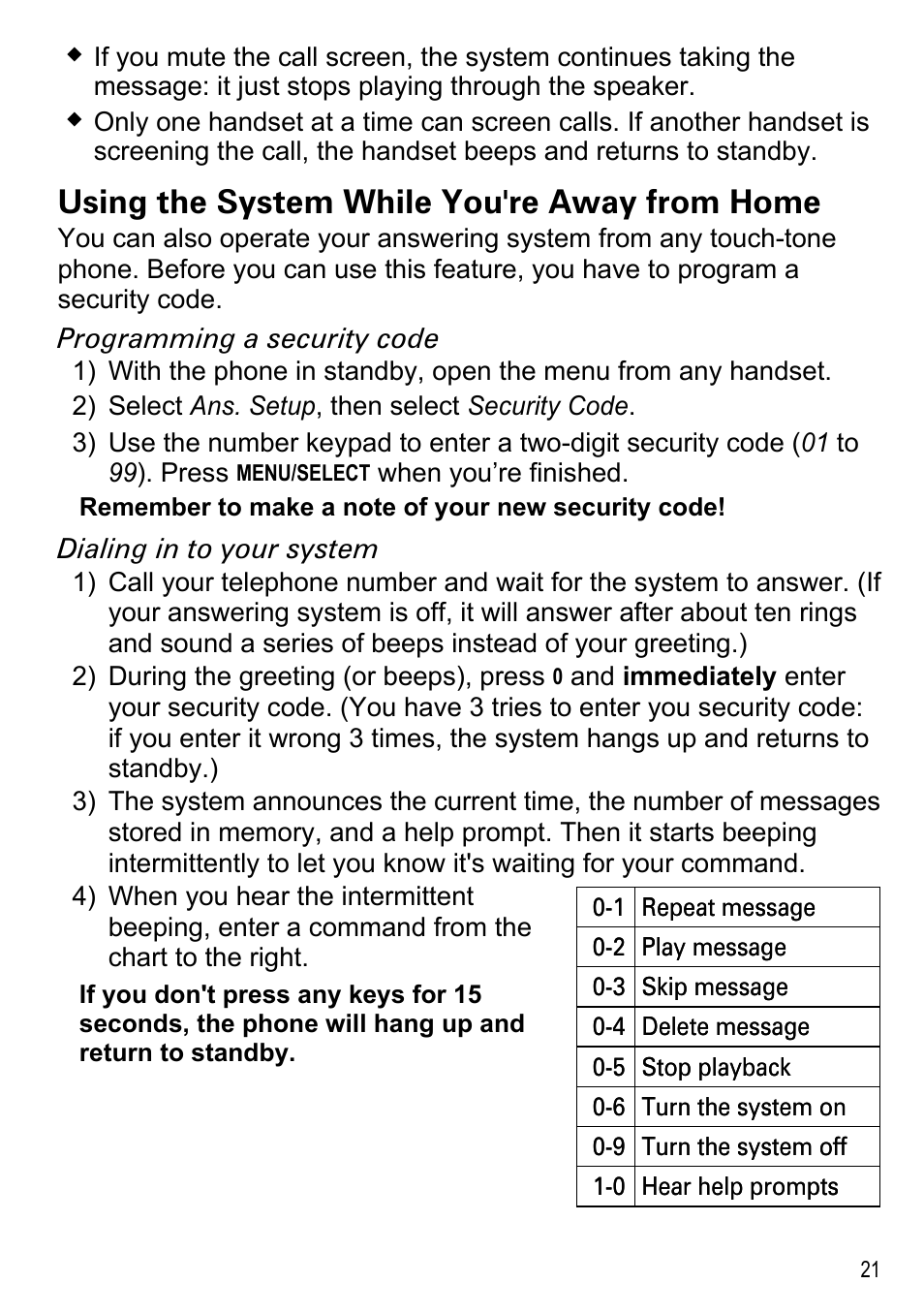 Using the system while you're, Away from home, Using the system while you're away from home | Uniden DECT2185 User Manual | Page 23 / 32