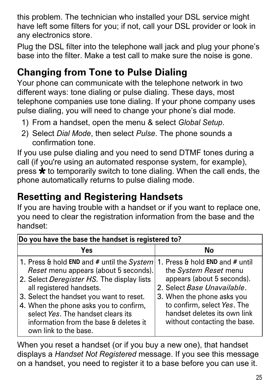 Changing from tone to pulse, Dialing, Resetting and registering | Handsets, Changing from tone to pulse dialing, Resetting and registering handsets | Uniden DECT2185 User Manual | Page 27 / 32