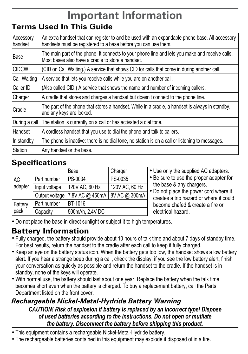 Important information, Terms used in this guide, Specifications | Battery information, Rechargeable nickel-metal-hydride battery warning | Uniden DECT2185 User Manual | Page 29 / 32