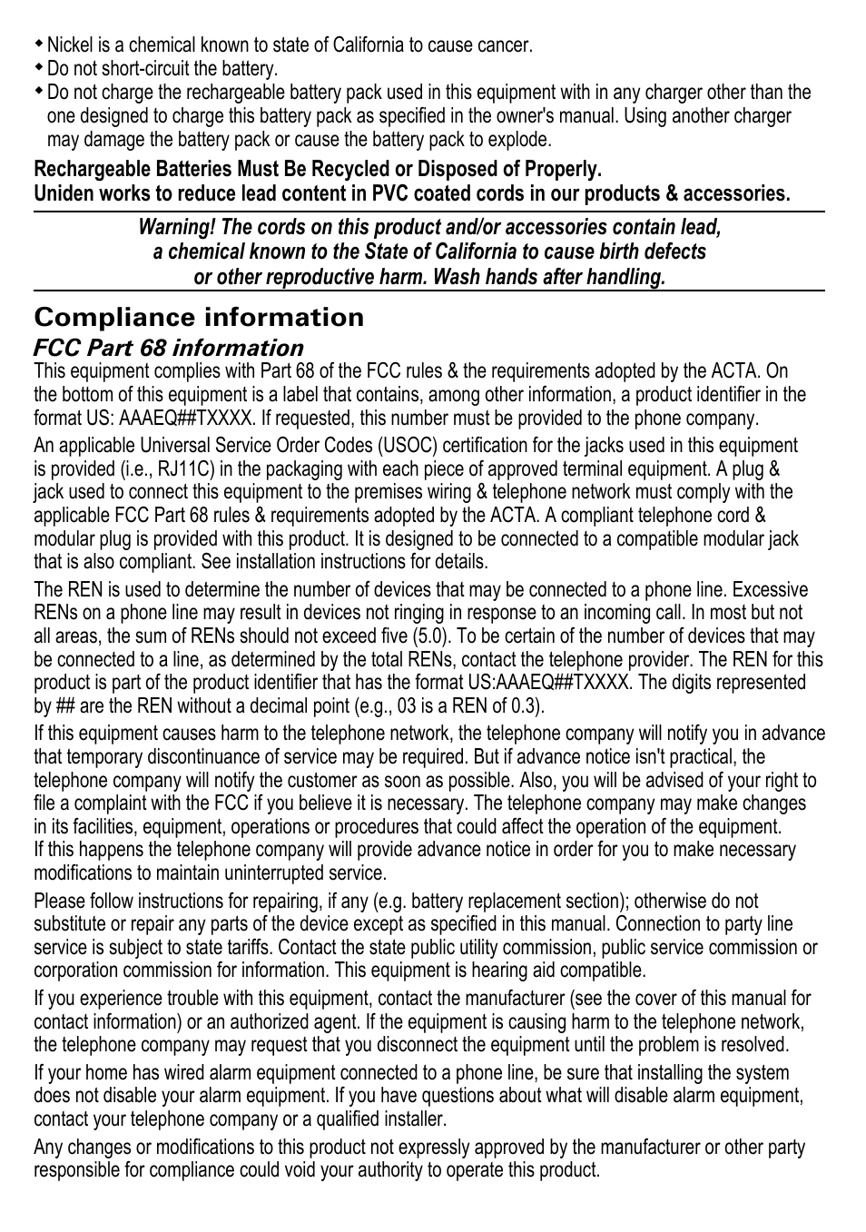 Compliance information | Uniden DECT2185 User Manual | Page 30 / 32