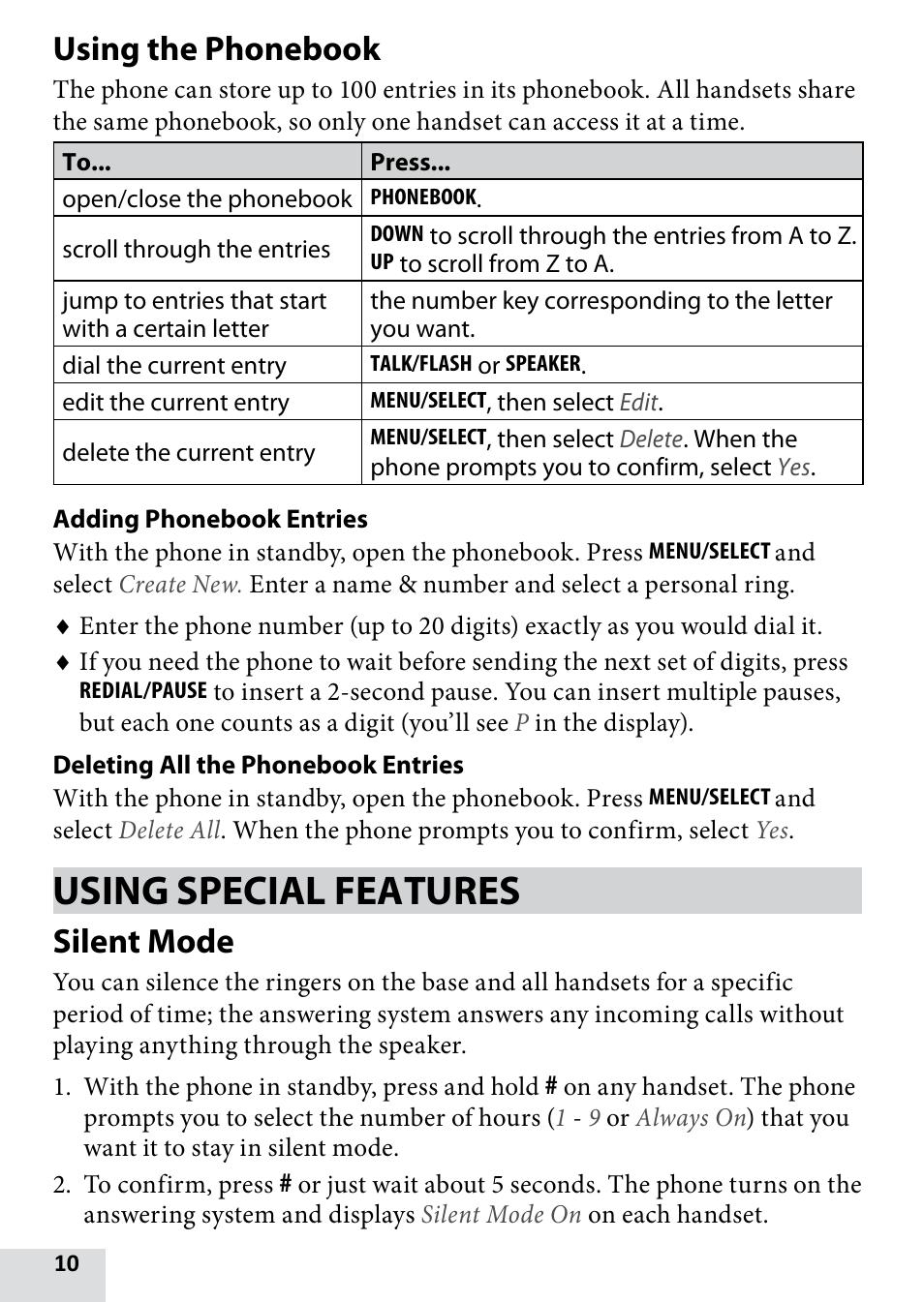 Using the phonebook, Using special features, Silent mode | Uniden D1680-9 User Manual | Page 10 / 22