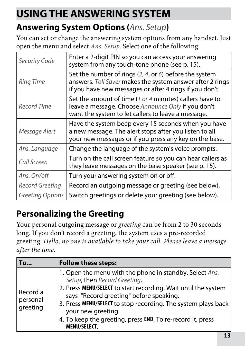 Using the answering system, Answering system options (ans. setup), Personalizing the greeting | Answering system options, Setup, Answering system options ( ans. setup ) | Uniden D1680-9 User Manual | Page 13 / 22