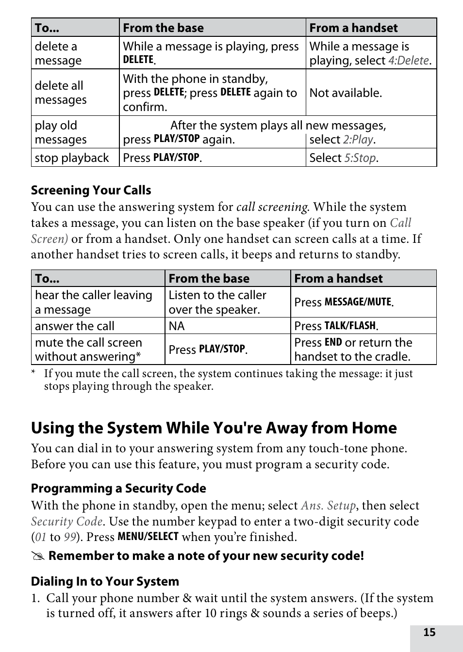 Using the system while you're away from home, Using the system while you're away, From home | Uniden D1680-9 User Manual | Page 15 / 22