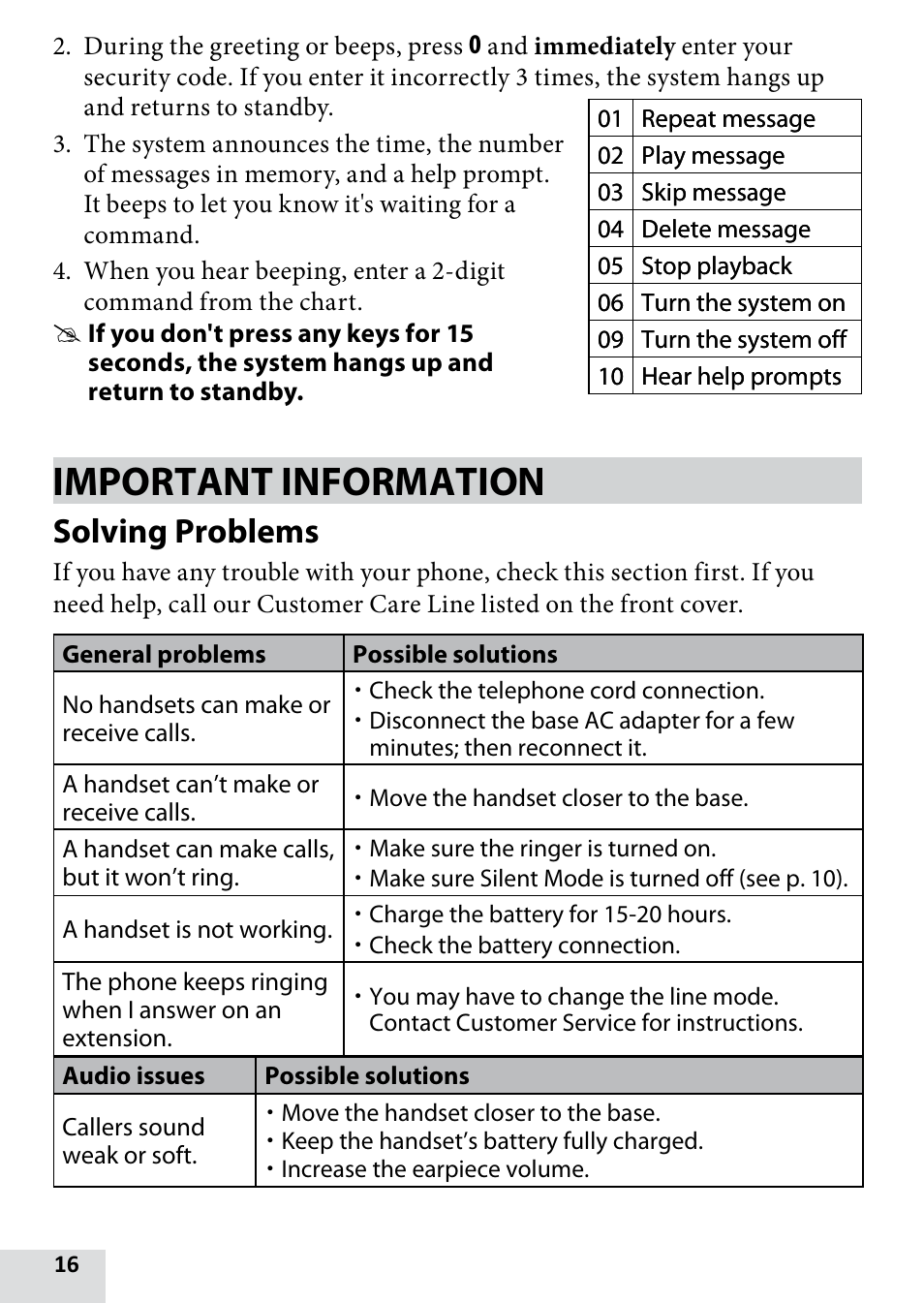 Important information, Solving problems | Uniden D1680-9 User Manual | Page 16 / 22